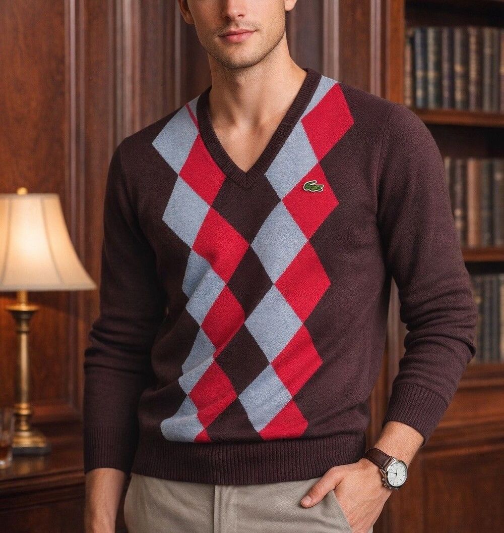Lacoste Men’s Argyle V-Neck Brown Red Gray Cotton Sweater France Size 42 S/M